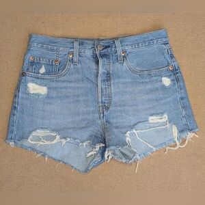 Levi's 501 Light Blue Denim Distressed Cut Off Jean Shorts Button Fly